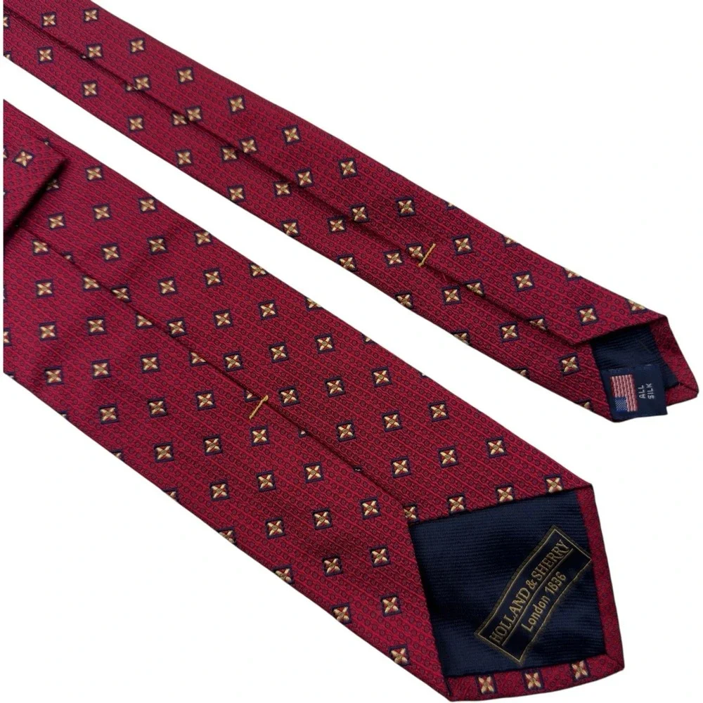Holland & Sherry Pure Silk Neck Tie Red Blue Yellow Embroidered Squares 3.5x5 US